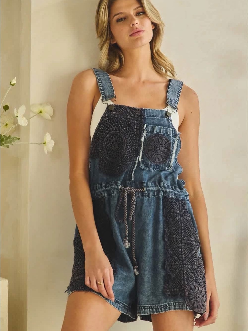 OLI & HALI Washed Tencel Denim Crocheted Pocket Overall Romper - Blue
